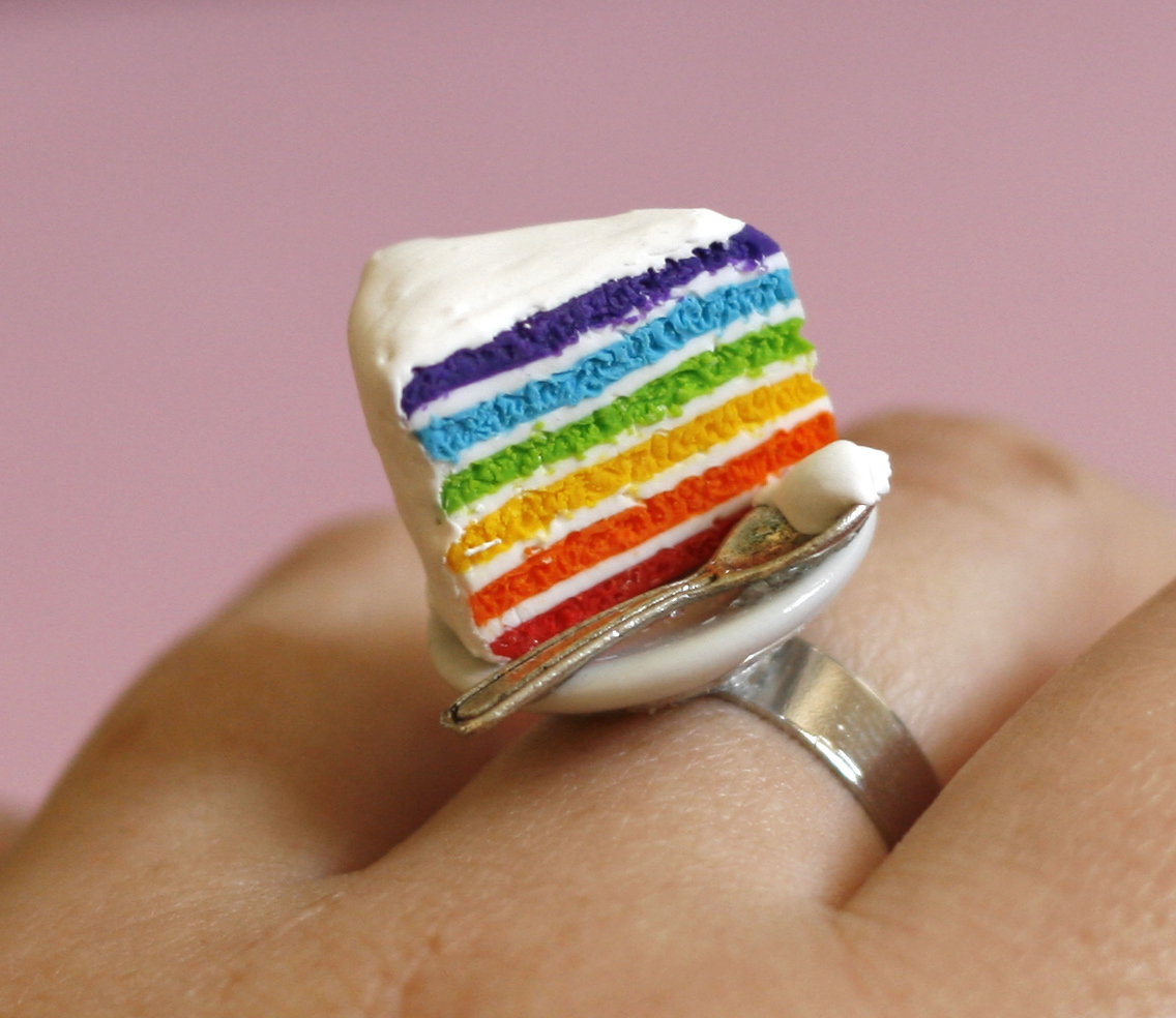 Rainbow Cake Ring With Teaspoon Miniature Food Polymer Clay