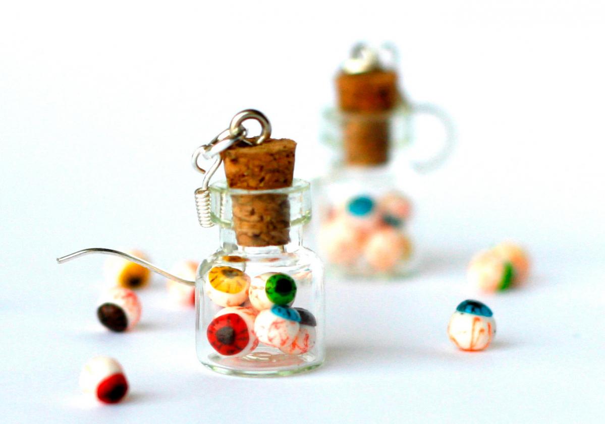 Creepy Earrings In A Jar Polymer Clay Eyeballs Miniature Bottle Hoop, Creepy Jewelry